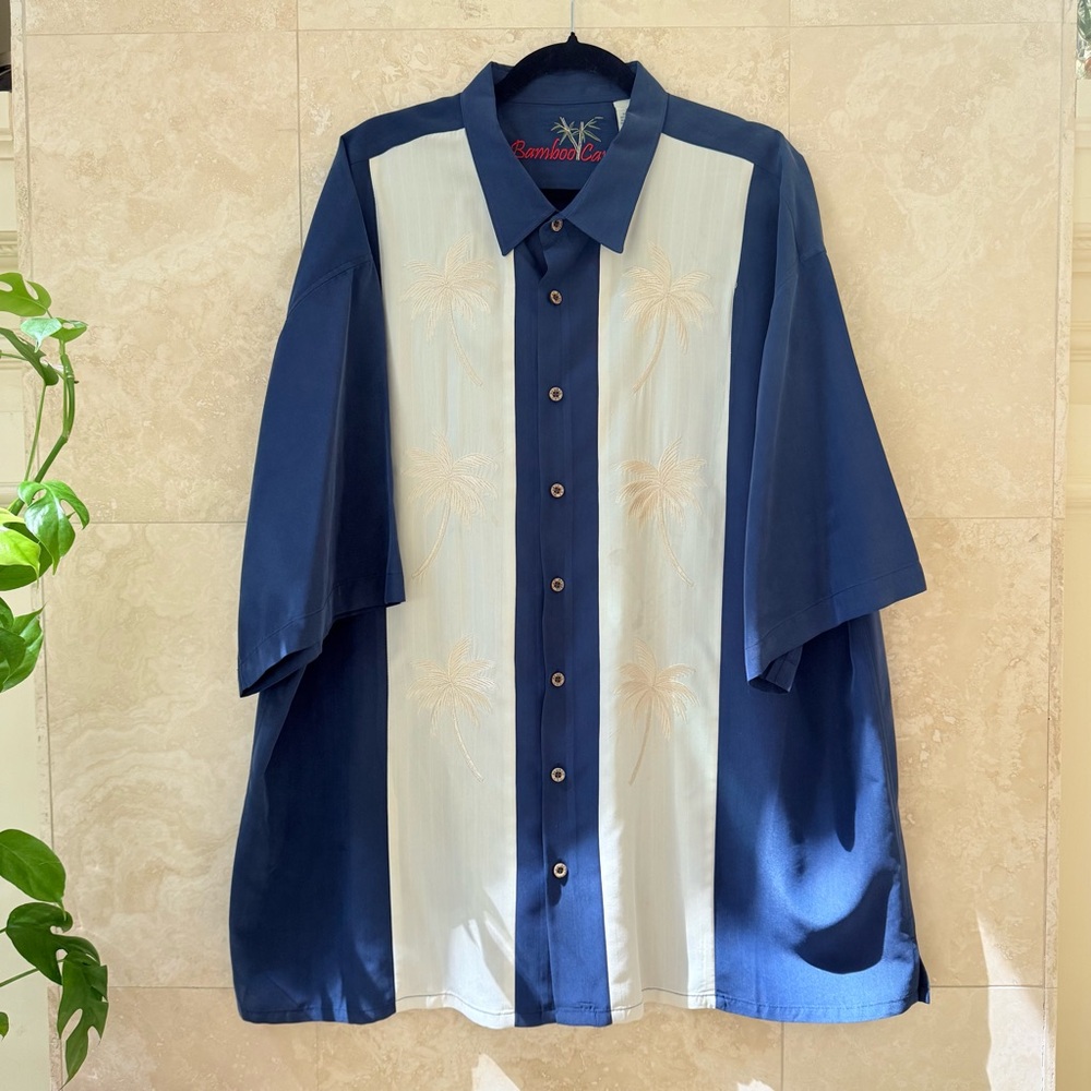 Bamboo Cay Navy White Paneled Palm Tree Embroidered Camp Shirt 3XL